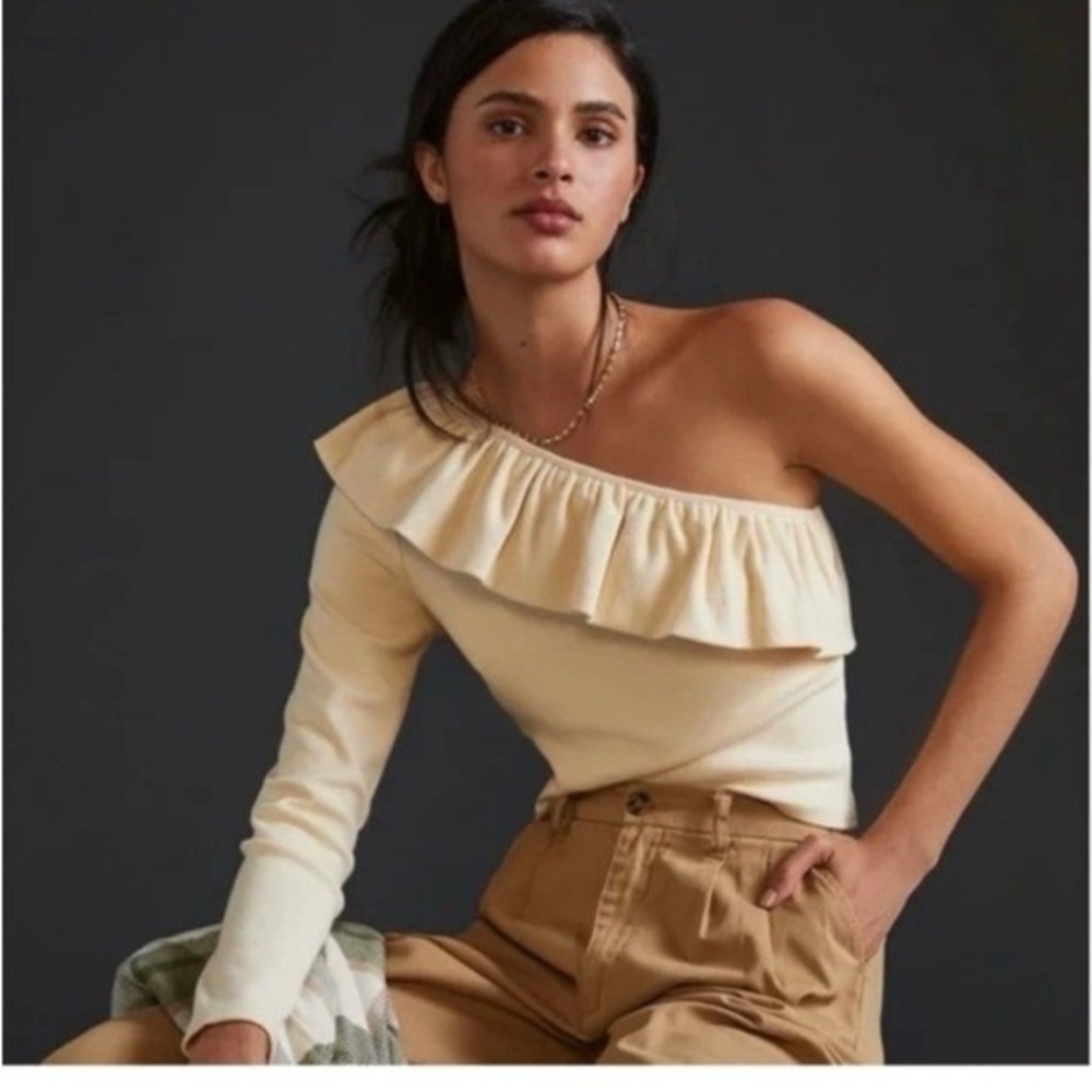 Anthropologie Ruffle One Shoulder Ribbed Top Women Med Pulloverโ Stretch Cotton